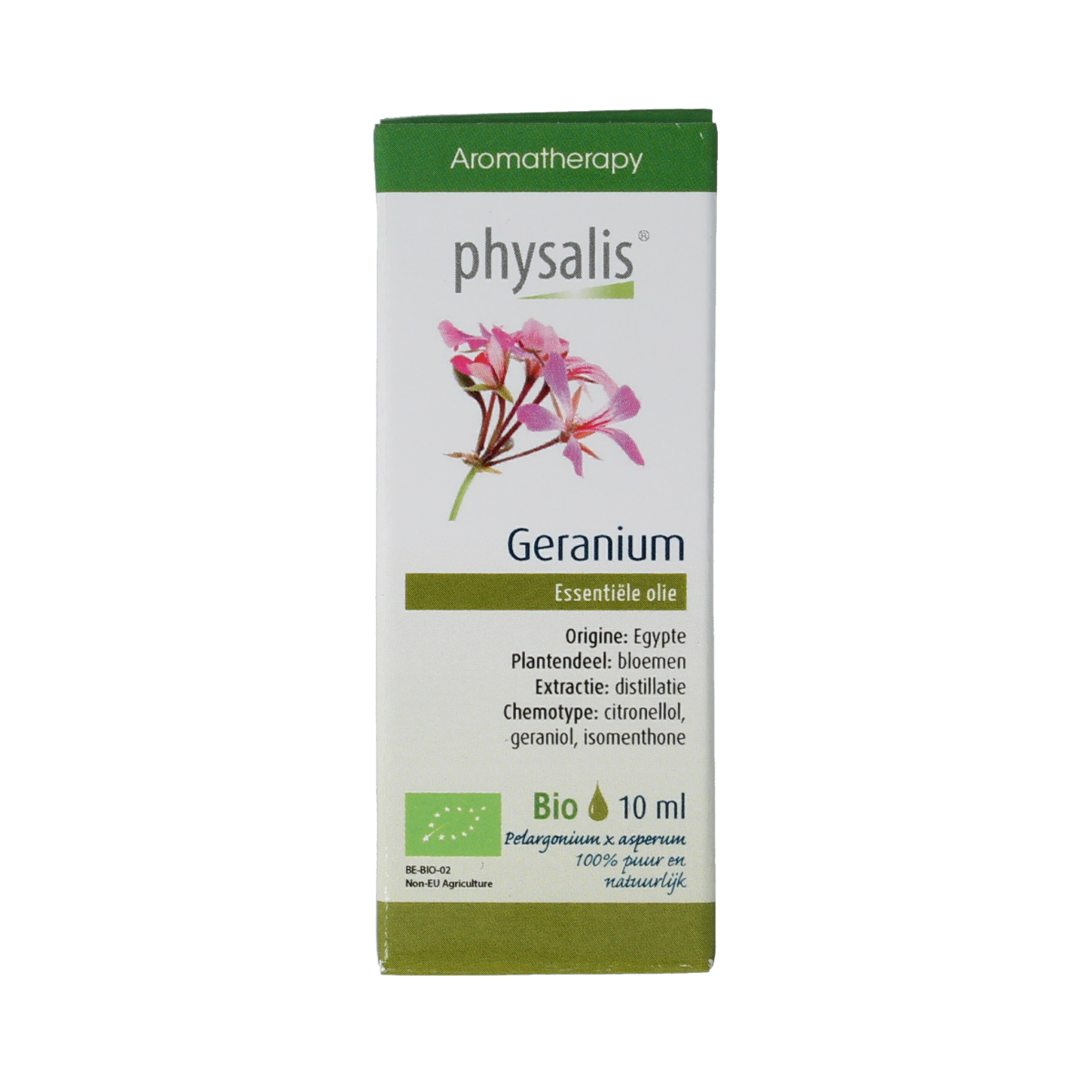 Physalis Geranium organic essential oil in a 10ml bottle, showcasing the clear liquid and label details.