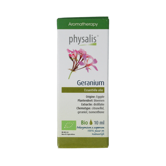 Physalis Geranium organic essential oil in a 10ml bottle, showcasing the clear liquid and label details.