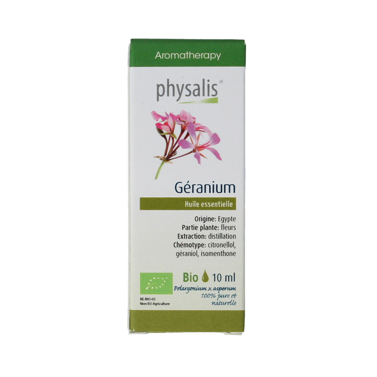 Physalis Geranium bio essential oil in 10ml bottle, featuring clear glass container with label and golden cap.