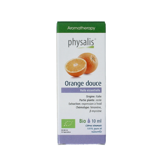 Physalis Sinaasappel bio herbal preparation in a 10ml bottle, featuring orange flavor with natural ingredients and herbal extract.