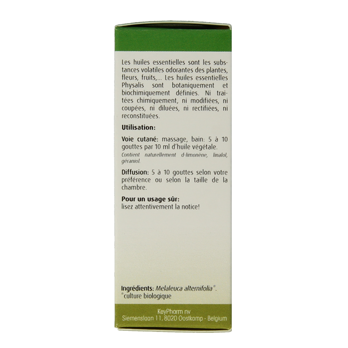 Physalis Tea Tree Bio essential oil in 10ml bottle, natural etherische oliën with therapeutic benefits, displayed in the image.