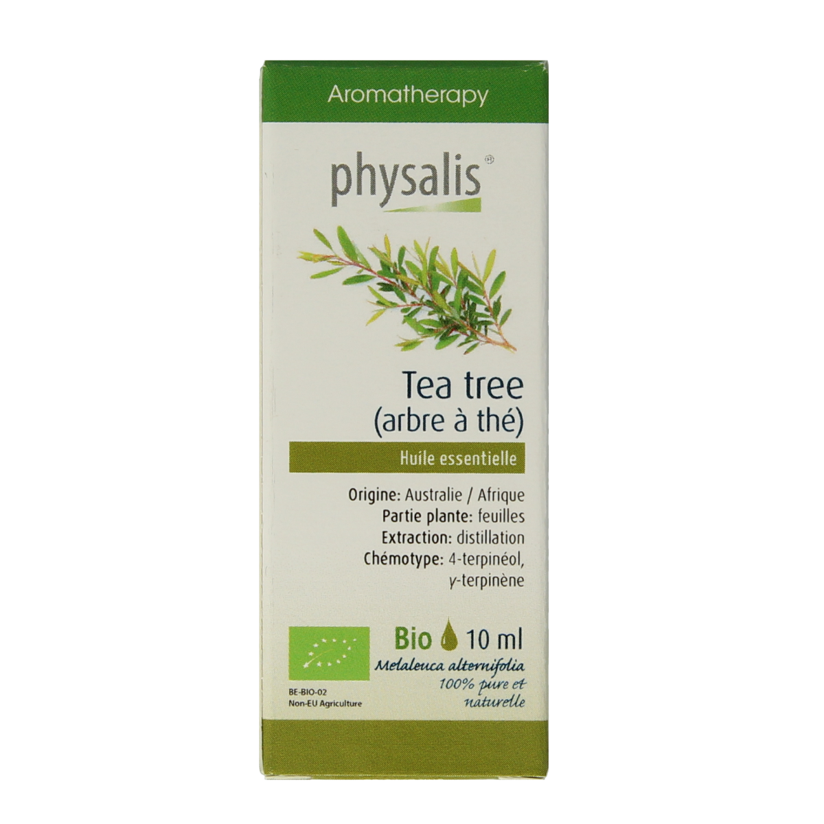Physalis Tea Tree Bio essential oil bottle, 10ml, natural etherische oliën with fresh tea tree leaves and amber bottle.