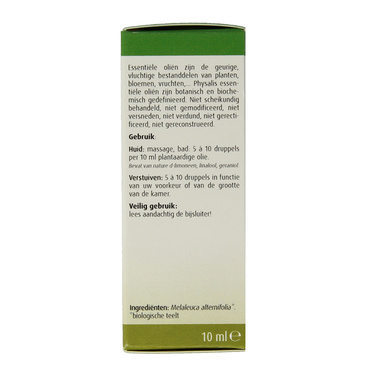Physalis bio Tea Tree essential oil in 10ml bottle, natural etherische oliën with therapeutic benefits and fresh herbal scent.