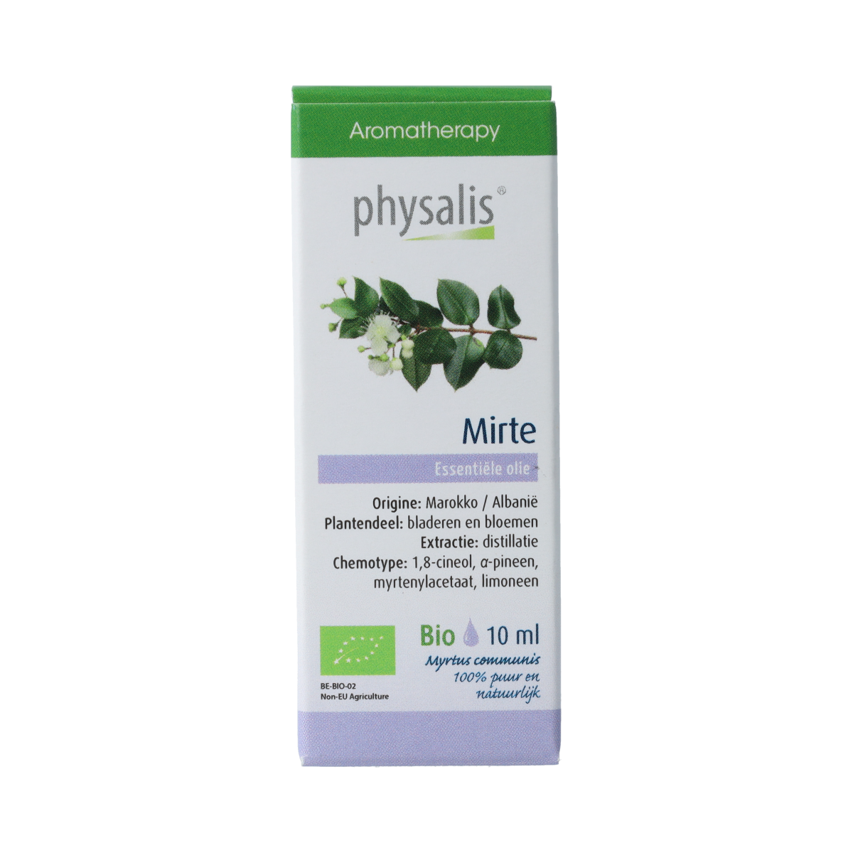Physalis Mirte bio herbal preparation bottle, 10ml, featuring label with product and brand name, in a clear container.