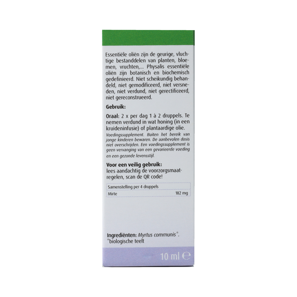 Physalis Mirte organic herbal preparation in a 10ml bottle, featuring fresh mirte herbs for wellness and natural remedies.