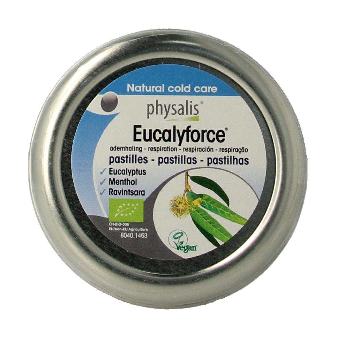 Physalis Eucalyforce bio gummies in a clear container, showcasing colorful, fruit-flavored snoepgoed with eucalyptus flavor.