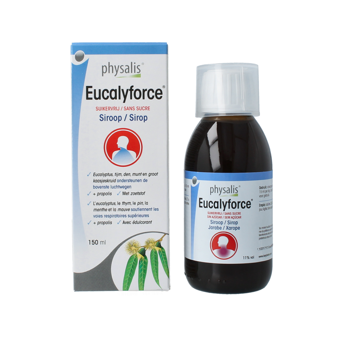 Physalis Eucalyforce siroop, sugar-free herbal preparation in a 150ml bottle, featuring fresh eucalyptus and herbal ingredients.