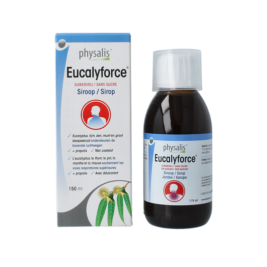 Physalis Eucalyforce siroop, sugar-free herbal preparation in a 150ml bottle, featuring fresh eucalyptus and herbal ingredients.