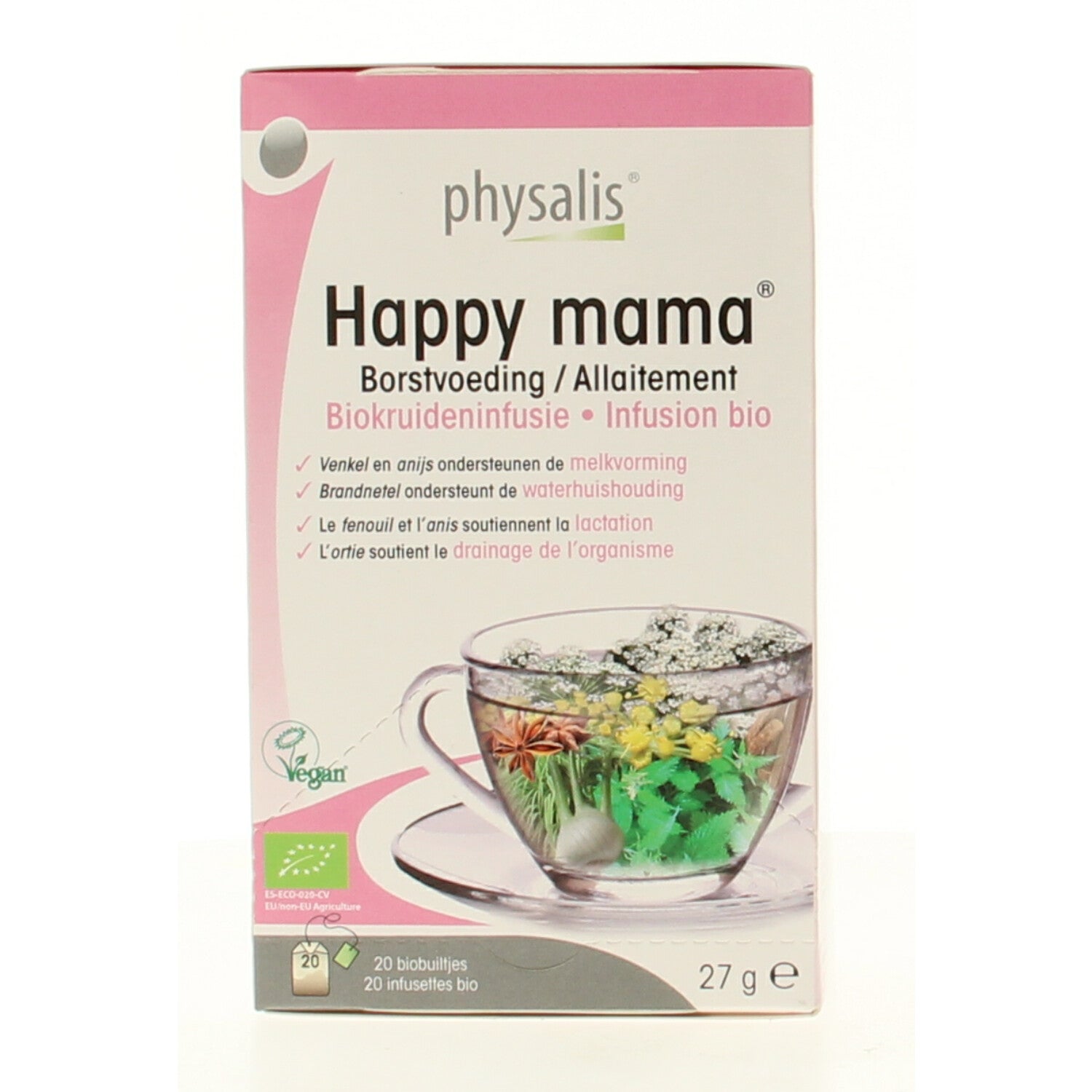 Physalis Happy Mama thee bio tea in a 20-gram packet, featuring fresh herbal ingredients in a clear packaging.