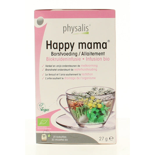 Physalis Happy Mama thee bio tea in a 20-gram packet, featuring fresh herbal ingredients in a clear packaging.