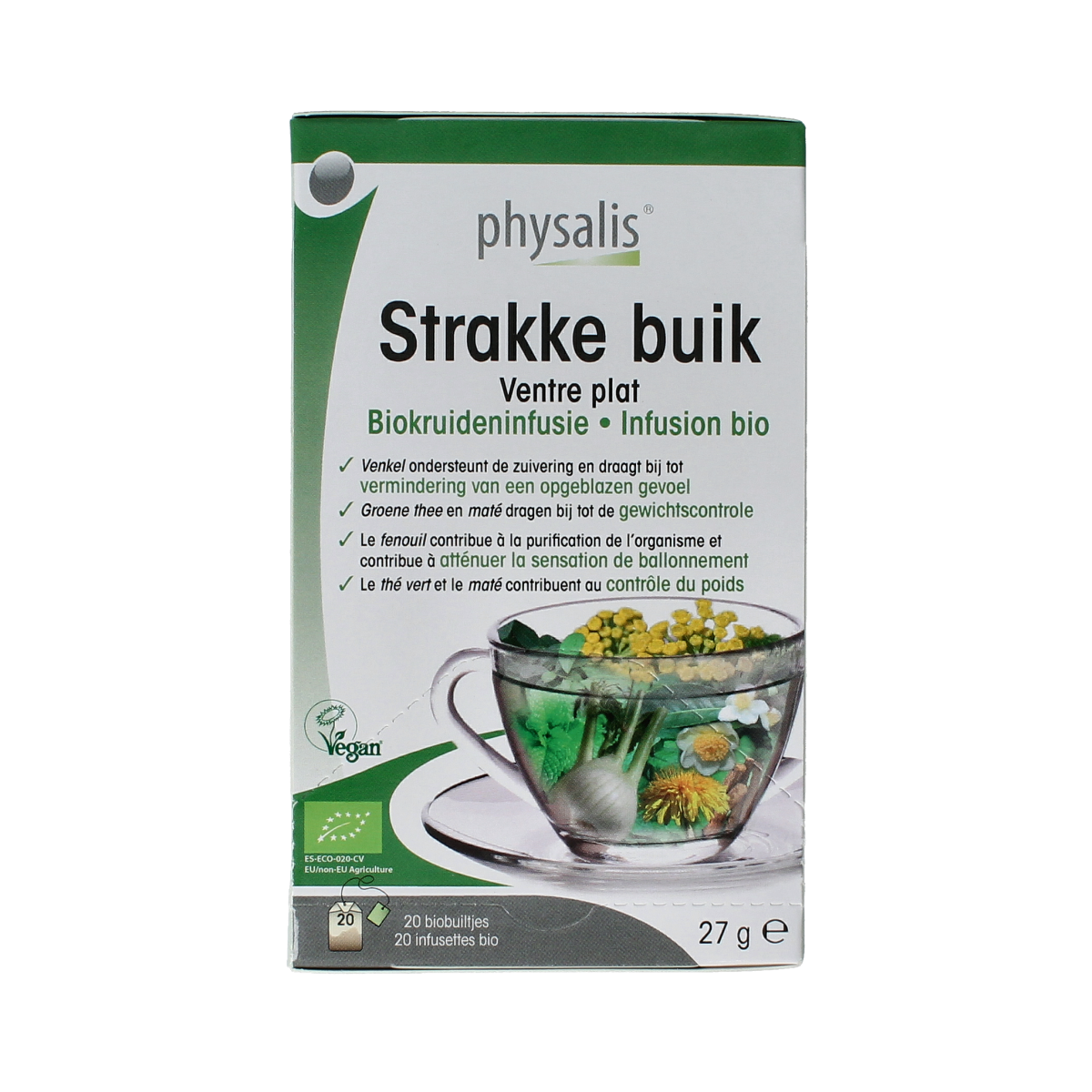 Physalis bio Strakke Buik thee in a box with 20 tea bags, featuring natural ingredients for digestive support and wellness.