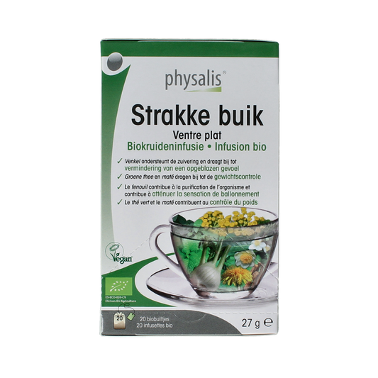 Physalis bio Strakke Buik thee in a box with 20 tea bags, featuring natural ingredients for digestive support and wellness.