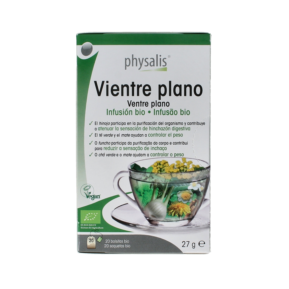 Physalis bio strakke buik thee in a packet of 20 tea bags, featuring fresh herbal ingredients for digestive support.