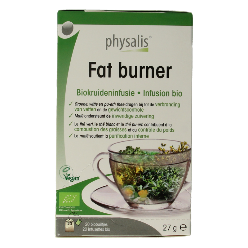 Organic Physalis Fat Burner Tea in a box of 20 sachets, featuring herbal ingredients for weight management.