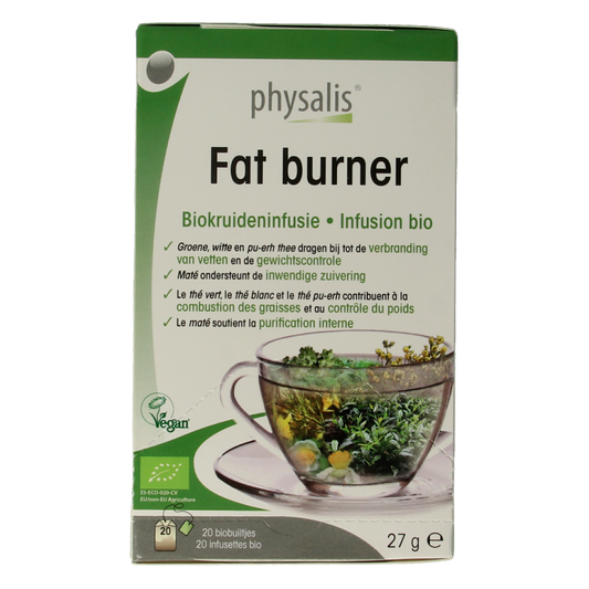 Organic Physalis Fat Burner Tea in a box of 20 sachets, featuring herbal ingredients for weight management.