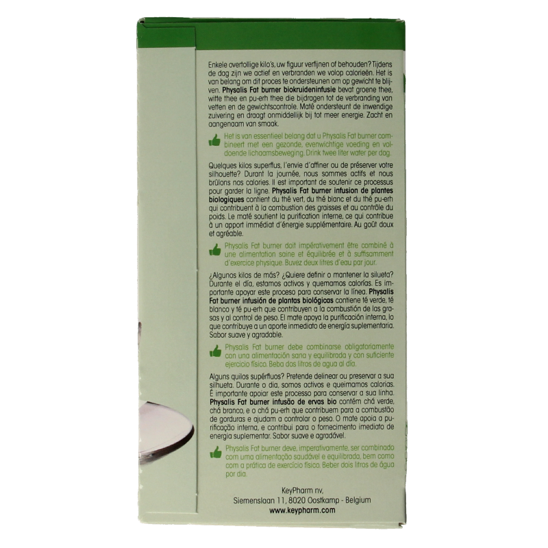 Physalis bio fat burner tea in a box with 20 sachets, featuring a herbal tea blend for weight management and wellness.
