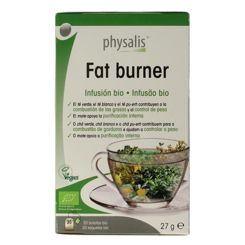 Physalis Bio Fat Burner Tea in 20 tea bags, showing the packaging with tea bags and branding for natural weight management.