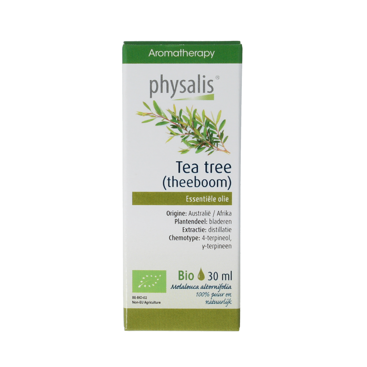Physalis Tea Tree Bio herbal preparation in a 30ml bottle, featuring fresh tea tree leaves and natural ingredients.