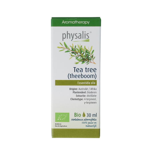 Physalis Tea Tree Bio herbal preparation in a 30ml bottle, featuring fresh tea tree leaves and natural ingredients.