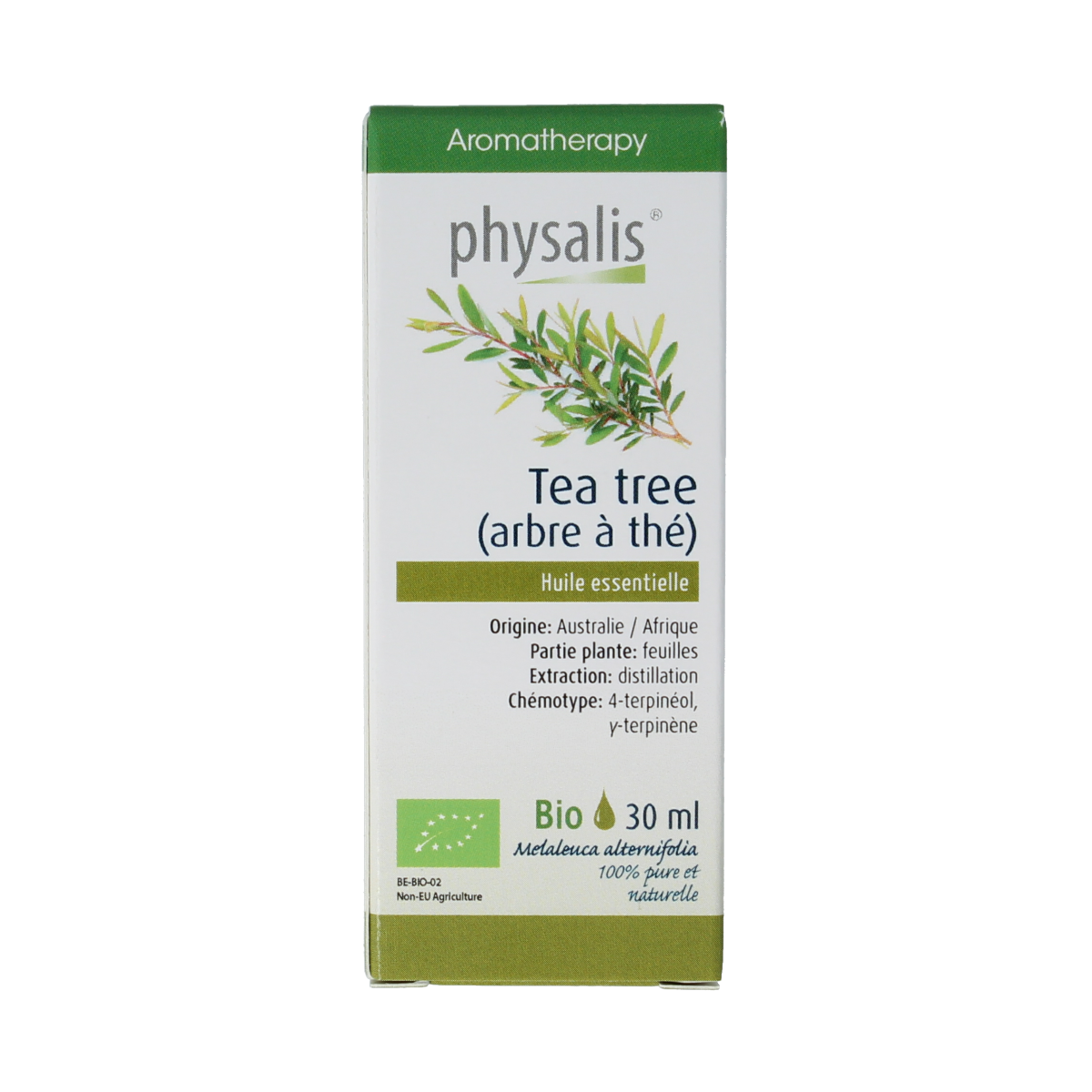 Physalis Bio Tea Tree herbal preparation bottle, 30ml, featuring a label with green tea tree imagery and product details