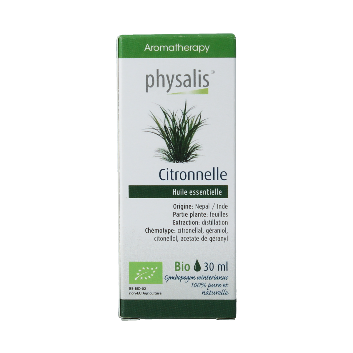 Physalis bio citronella herbal preparation in a 30ml bottle, used for natural insect repellent and aromatic purposes.