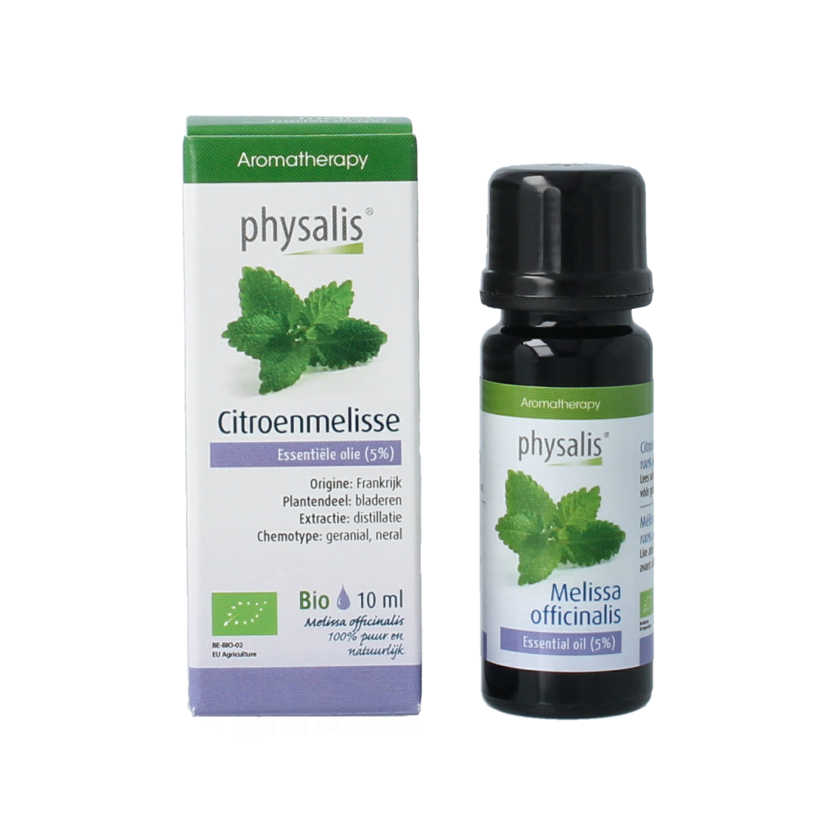 Physalis Citroenmelisse 5% organic herbal preparation in a 10ml bottle, featuring fresh lemon balm leaves and natural extract.