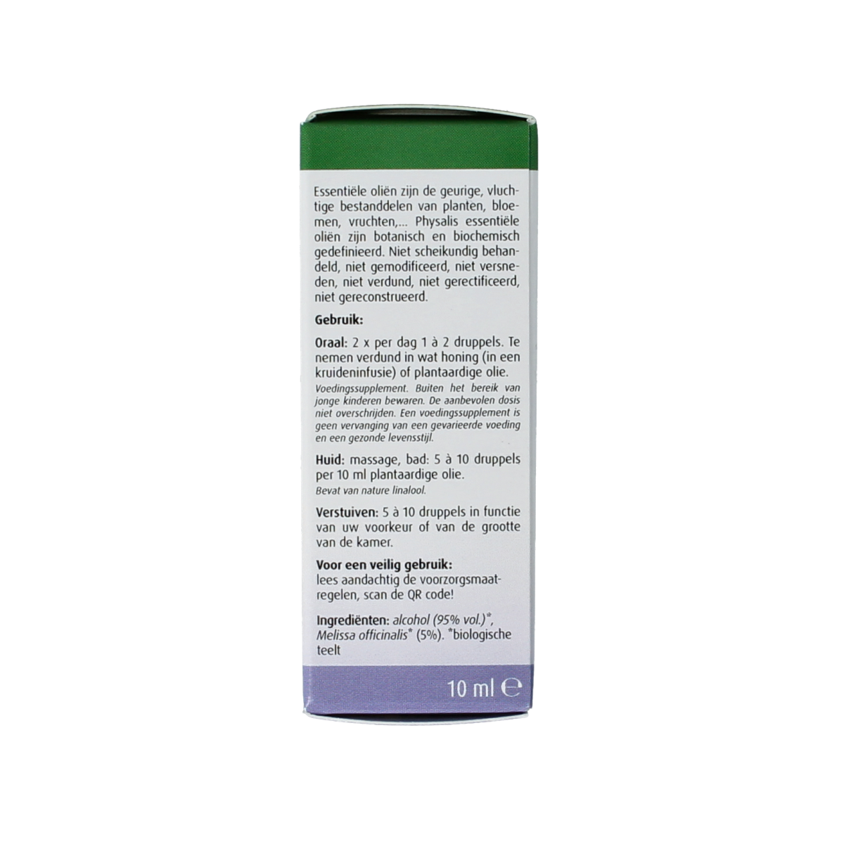 Physalis Citroenmelisse 5% bio herbal tincture in a 10ml bottle, featuring lemon balm leaves and labeling details.