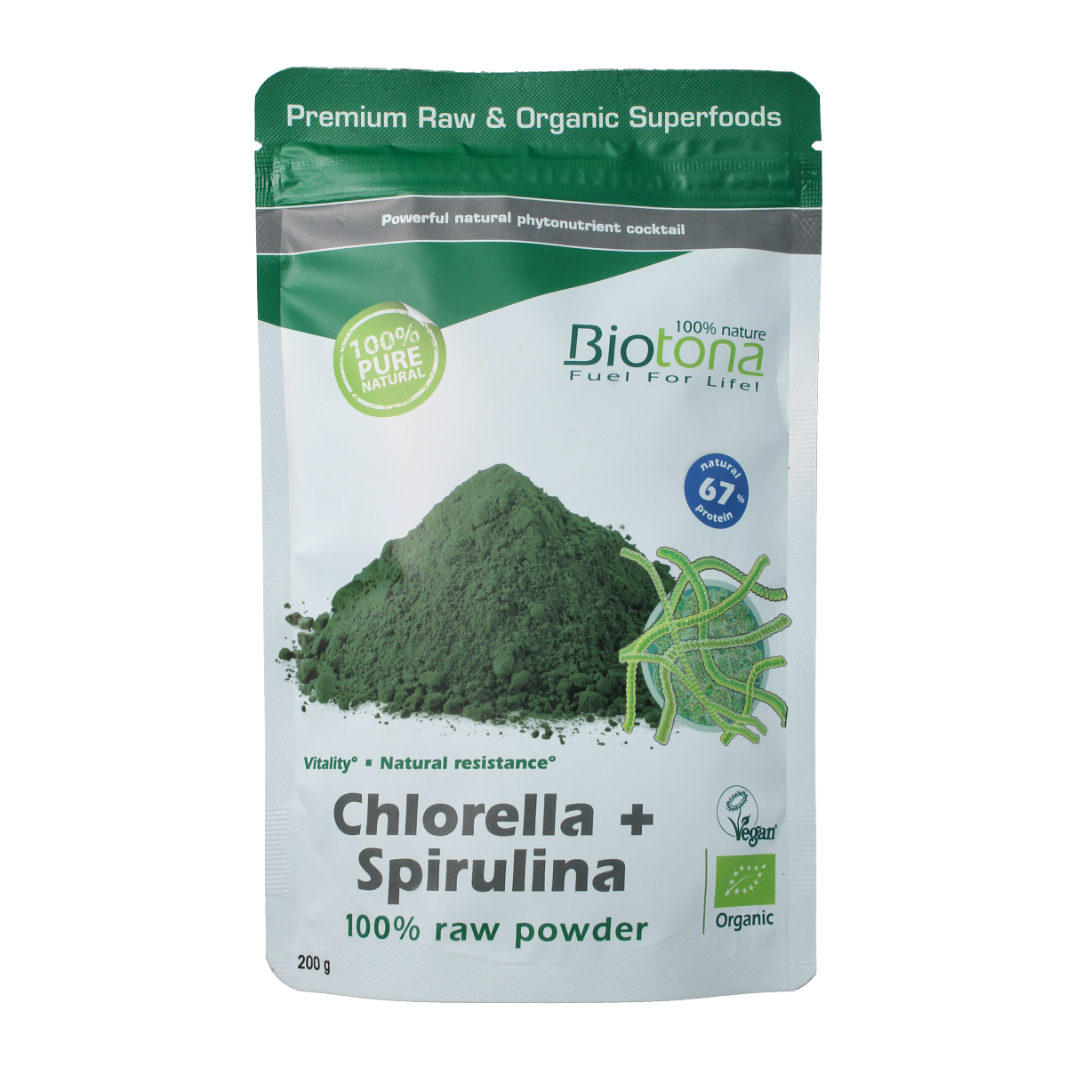 Biotona raw chlorella and spirulina superfood powder in a 200g package, vibrant green powdered supplement for health.