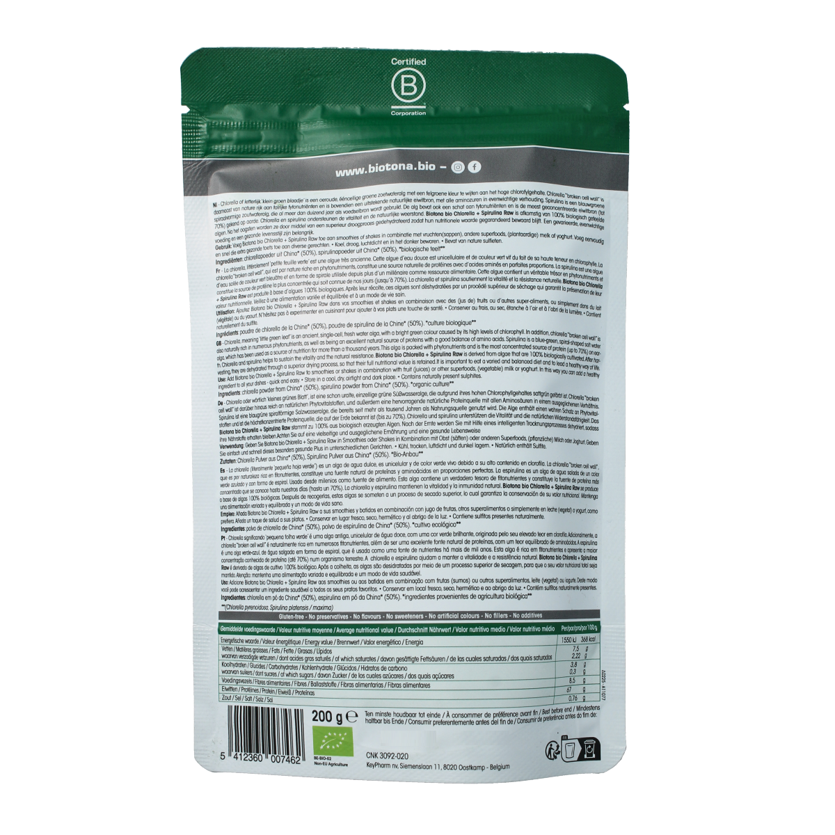 Biotona raw chlorella and spirulina superfood powder in a 200g package, vibrant green supplement for health and nutrition.