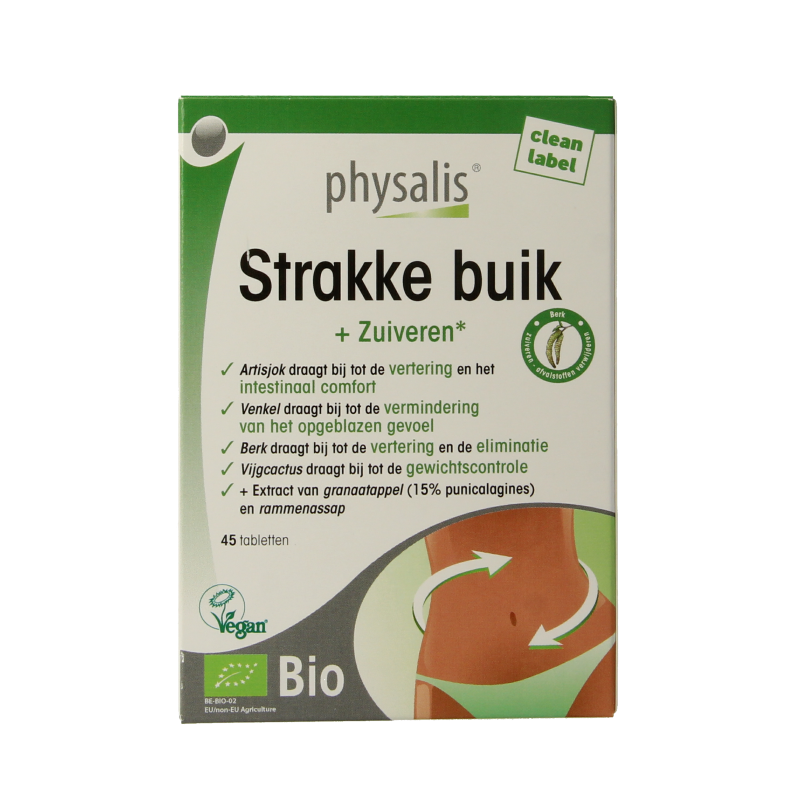 Physalis Strakke Buik Bio 45 tabletten, herbal supplement in a white bottle with label, used for digestive health and weight management.