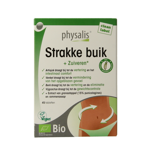 Physalis Strakke Buik Bio 45 tabletten, herbal supplement in a white bottle with label, used for digestive health and weight management.