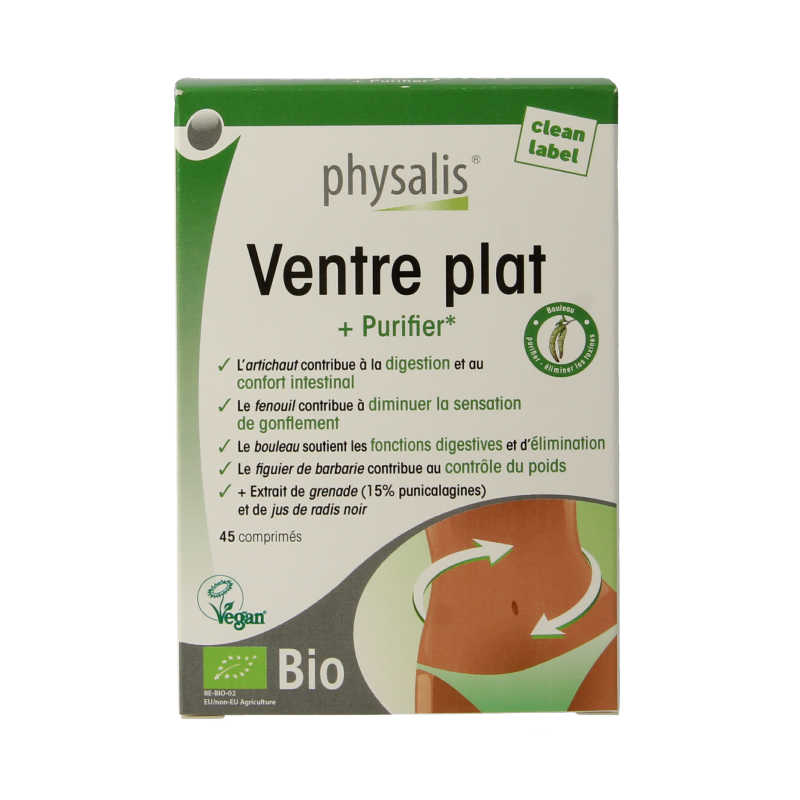 Physalis bio 45-tablet herbal supplement for firming the stomach, shown in a clear image of the product packaging.
