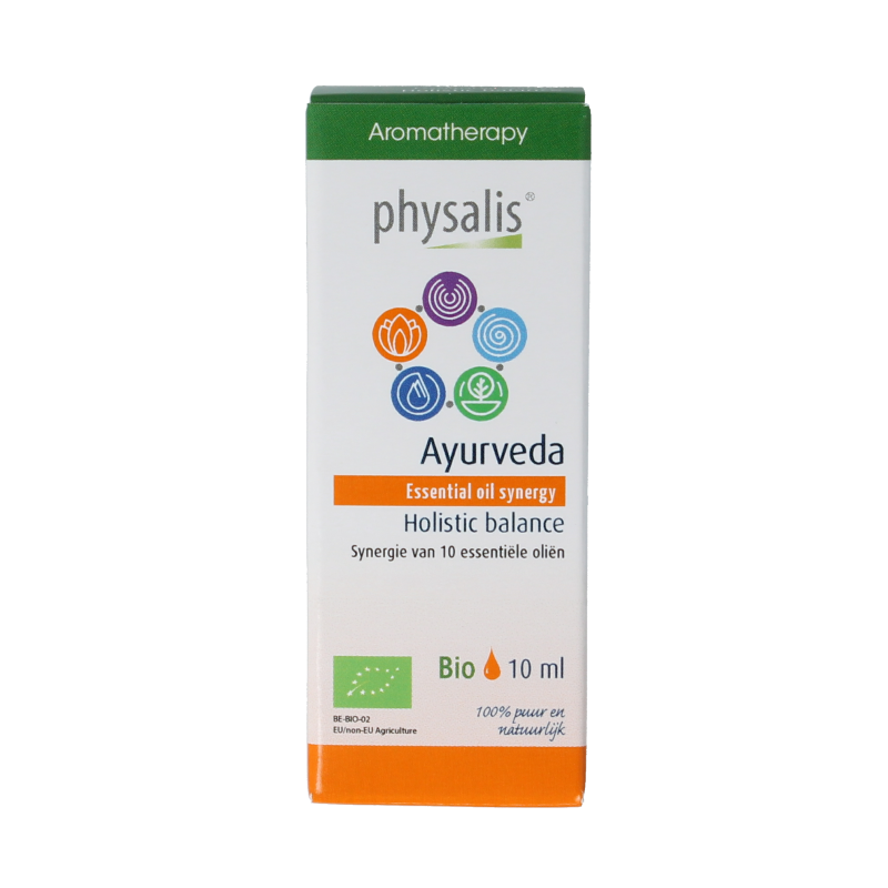 Physalis Synergie Ayurveda bio essential oil in 10ml bottle, showing the amber glass container and product label.
