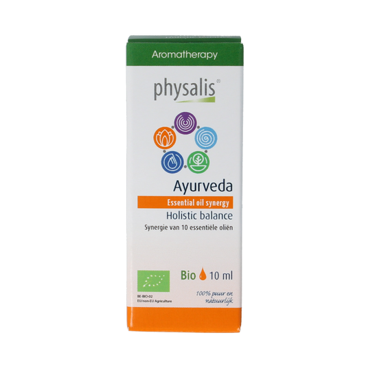 Physalis Synergie Ayurveda bio essential oil in 10ml bottle, showing the amber glass container and product label.