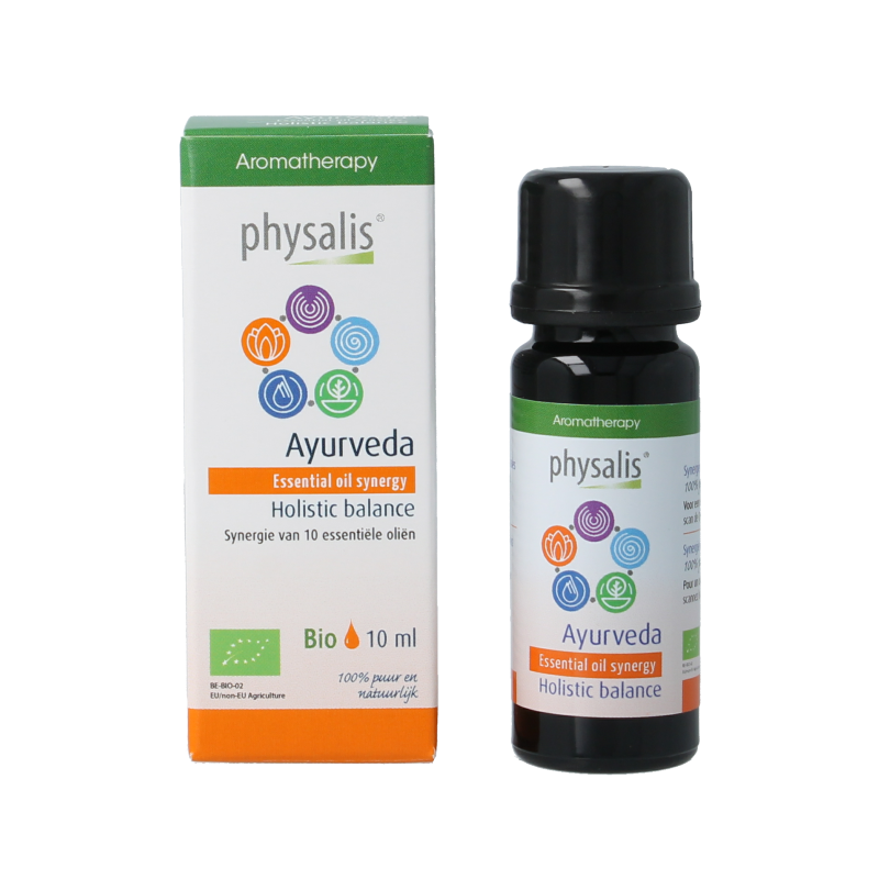Physalis Synergie Ayurveda bio essential oil bottle, 10ml, with natural dropper and label showing brand and product details