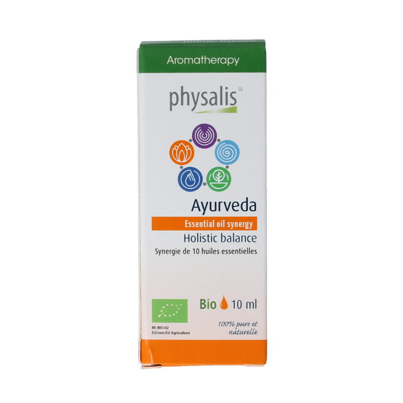 Physalis Synergie Ayurvedic bio essential oil bottle, 10ml, with natural packaging and dropper for aromatic use.