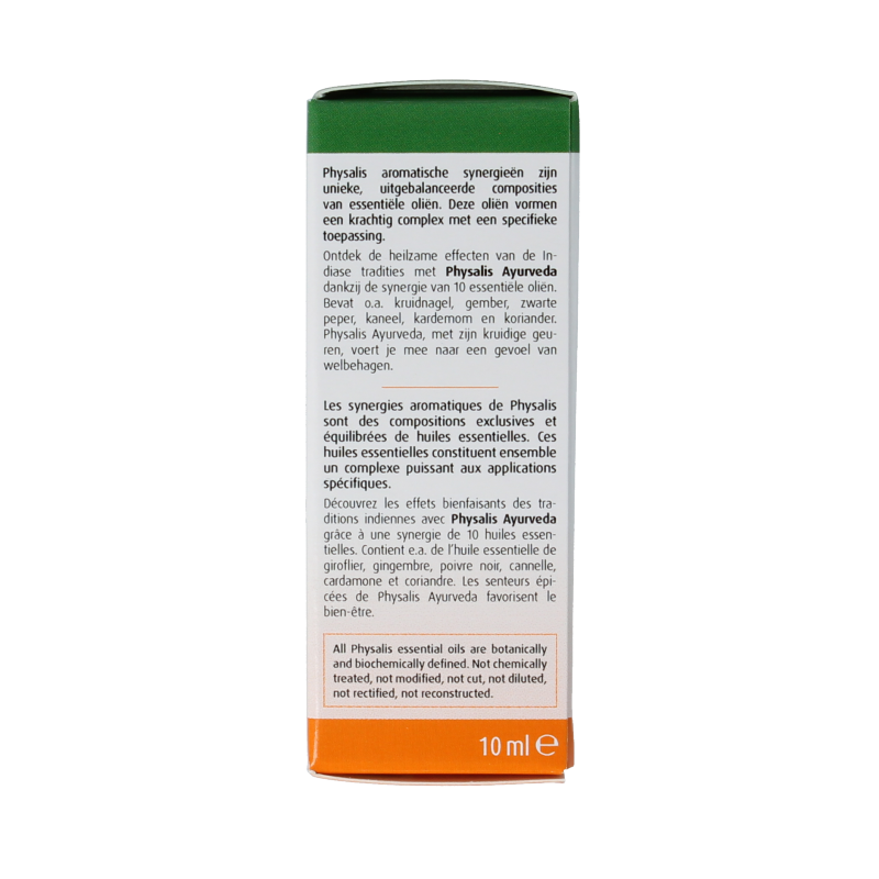 Physalis Synergie Ayurvedic bio essential oil in 10ml bottle, featuring a clear glass container with a dropper cap and natural oil inside.