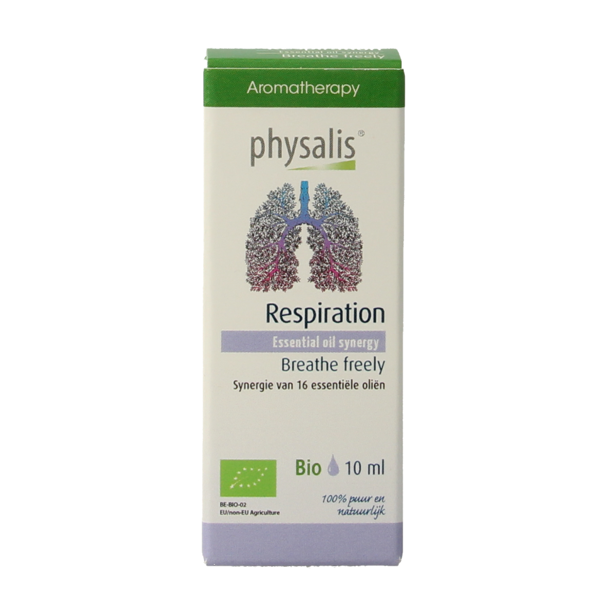 Physalis Synergie respiration bio essential oil bottle with label, 10ml, featuring natural ingredients for respiratory support.