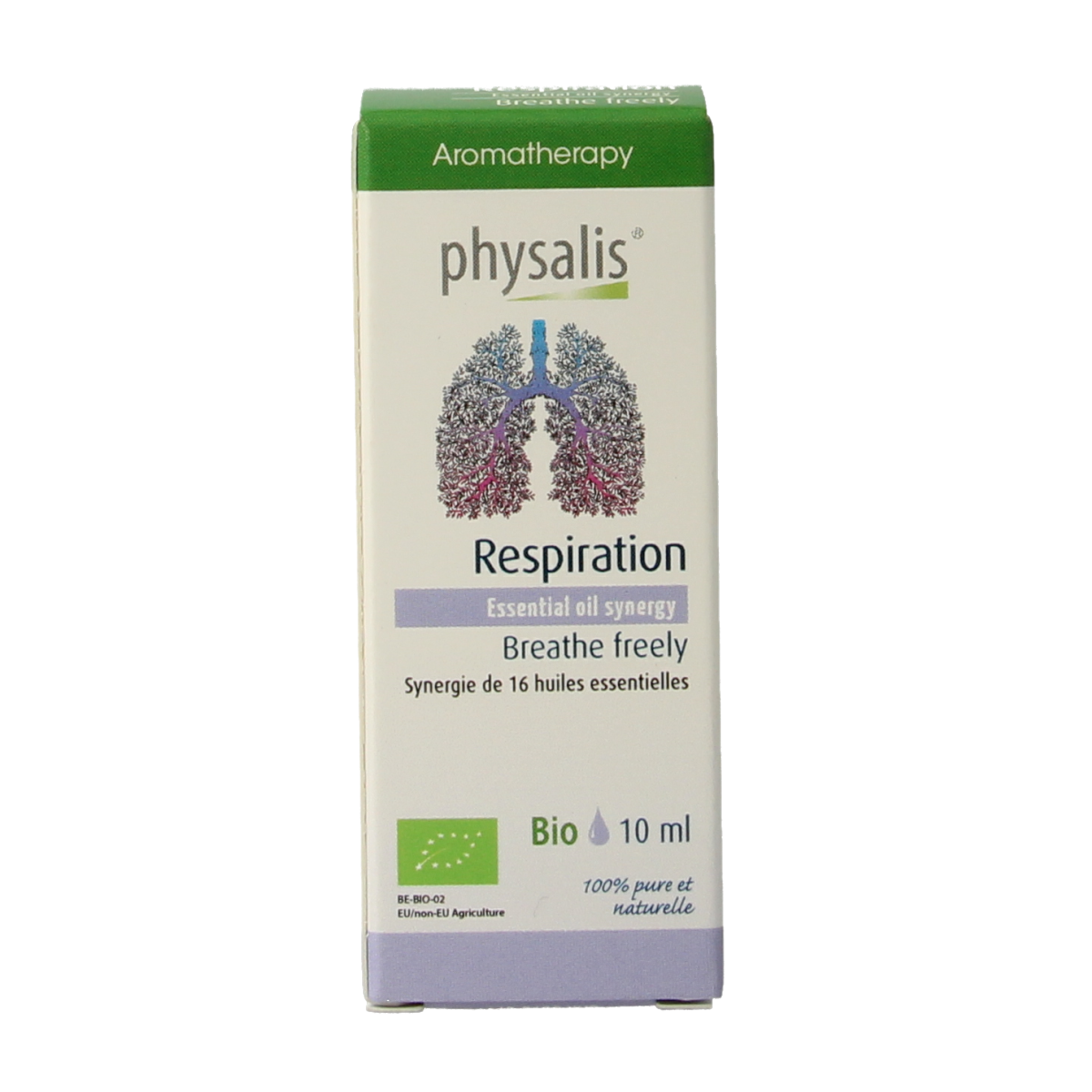 Physalis Synergie respiration bio essential oil in 10ml bottle, showcasing clear glass container and label.