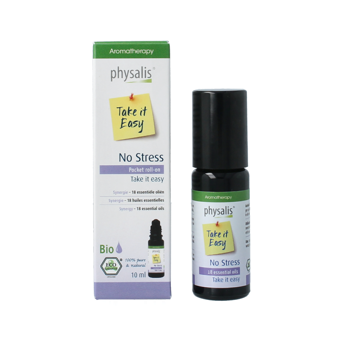 Physalis Roll-on No Stress bio body care product with 10ml bottle, shown with the roll-on applicator and packaging.