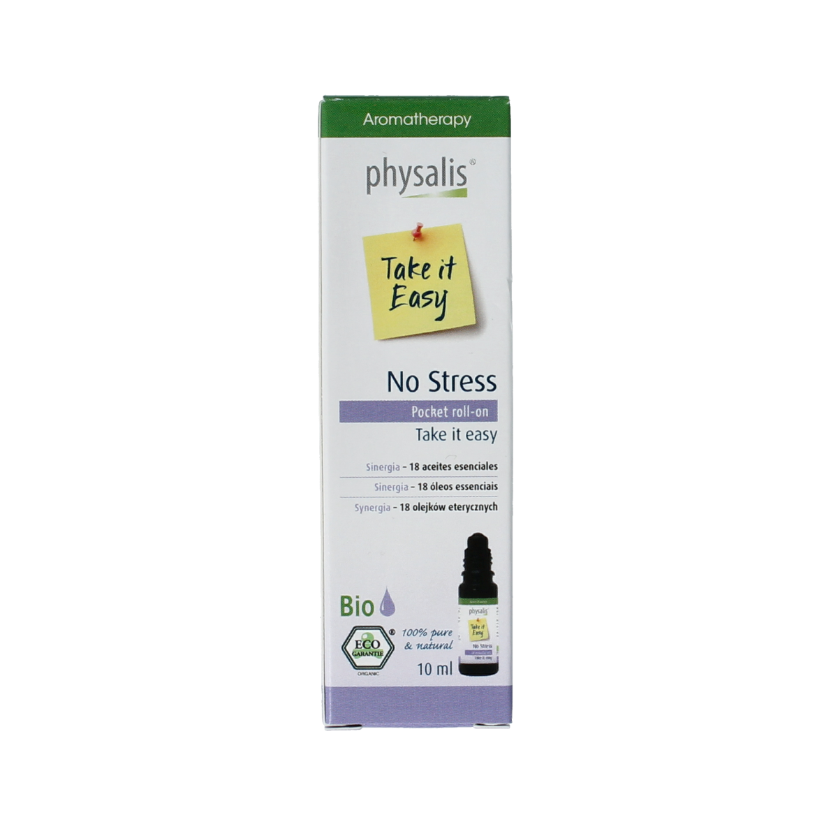 Physalis Roll-on No Stress bio body care product in 10ml bottle with a white cap and clear label, designed for relaxation.
