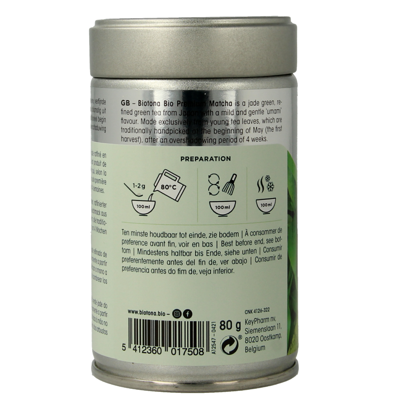 Biotona Premium Matcha Tea bio in a green tea powder container, showcasing vibrant green powdered tea for brewing.