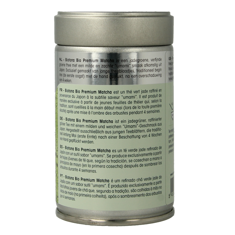 Biotona Premium Matcha Tea bio, 80g jar, vibrant green powdered tea for traditional Japanese matcha preparation.