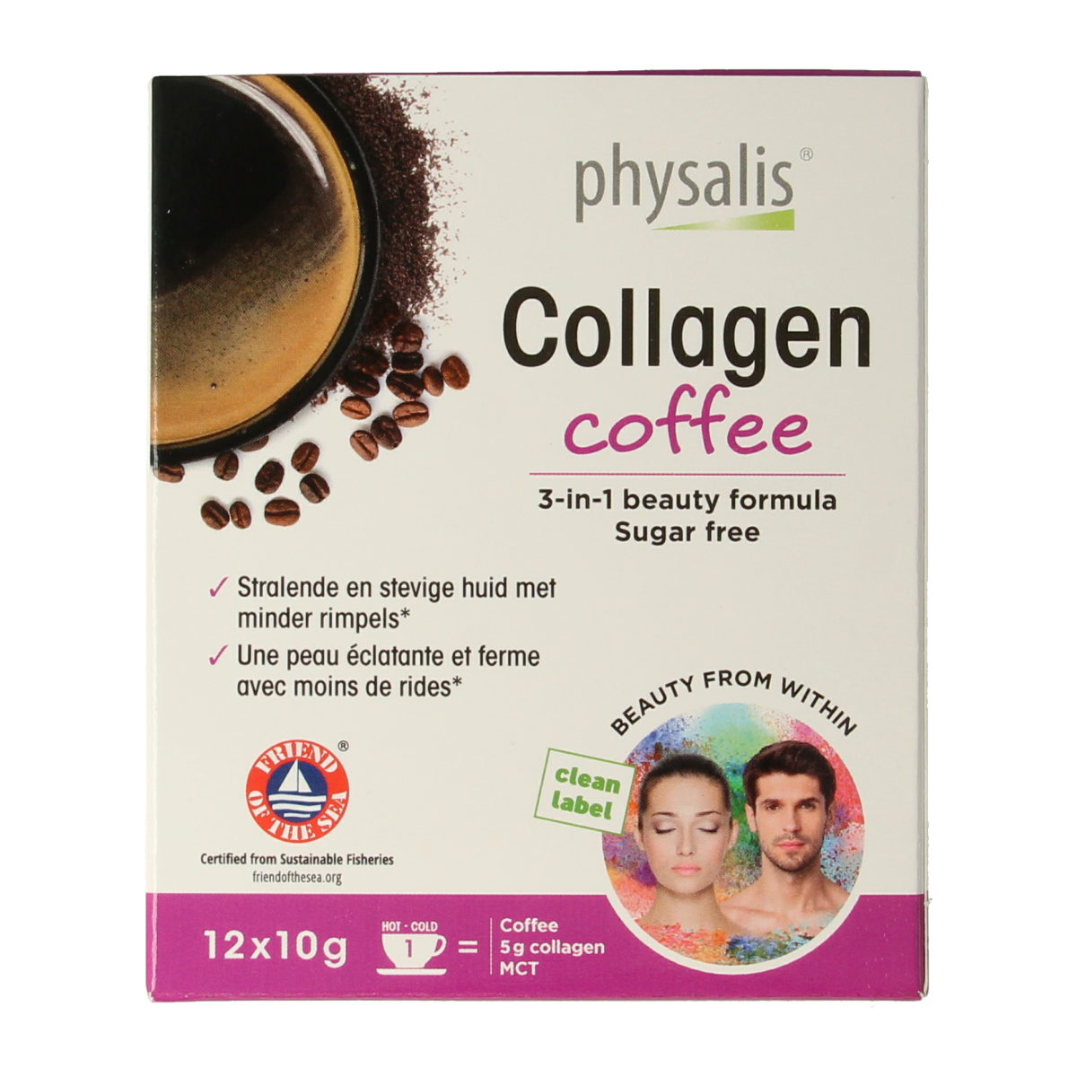 Physalis Collagen Coffee Fos 10g, a herbal supplement in a box of 12, featuring collagen and coffee ingredients.