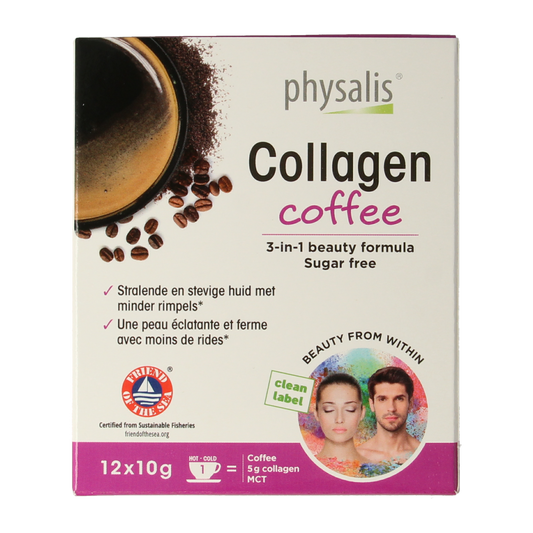 Physalis Collagen Coffee Fos 10g, a herbal supplement in a box of 12, featuring collagen and coffee ingredients.
