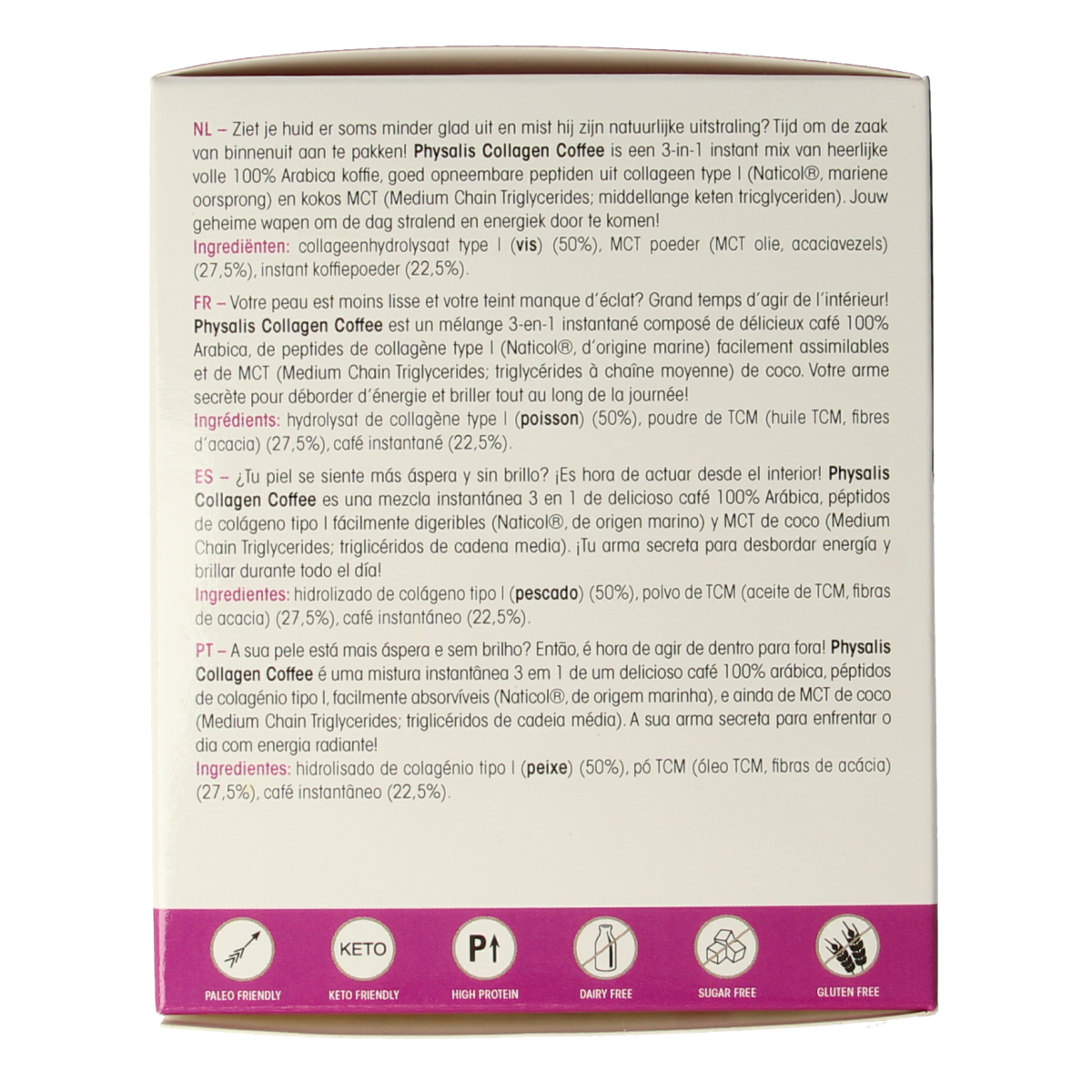 Physalis Collagen Coffee Fos 10g packs, herbal supplement with collagen, displayed in a box of 12.