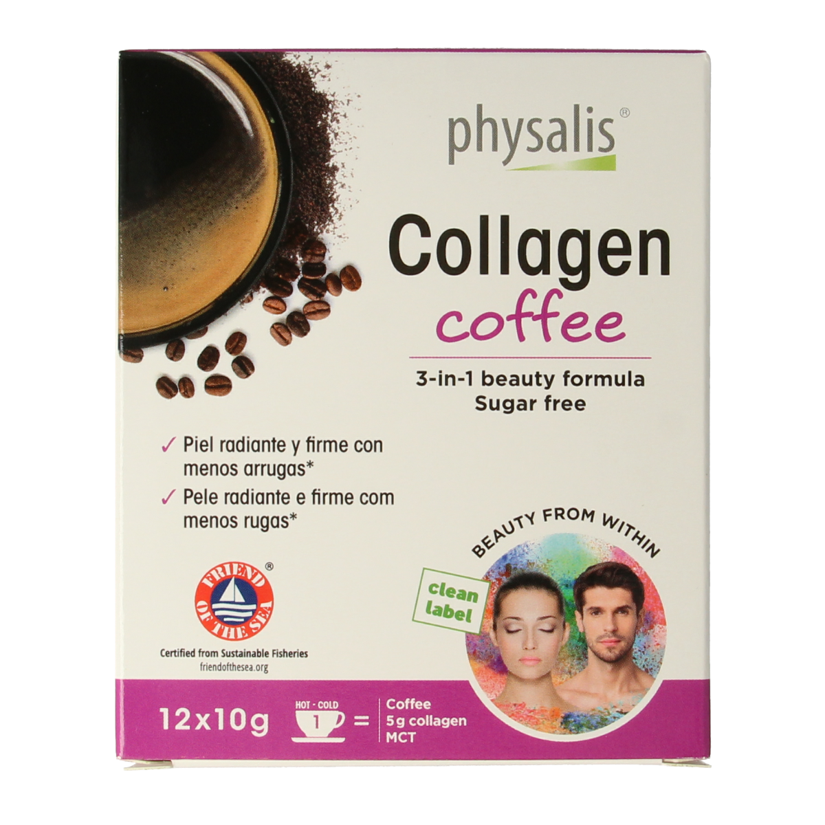 Physalis Collagen Coffee Fos 10g packets, herbal supplement for skin health, displayed in a row against a neutral background.