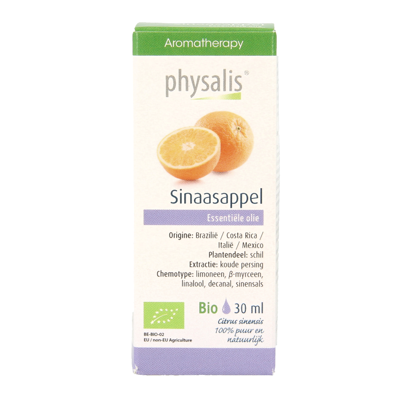 Physalis Sinaasappel bio herbal supplement bottle, 30ml, featuring orange flavor and natural ingredients in a small glass container.