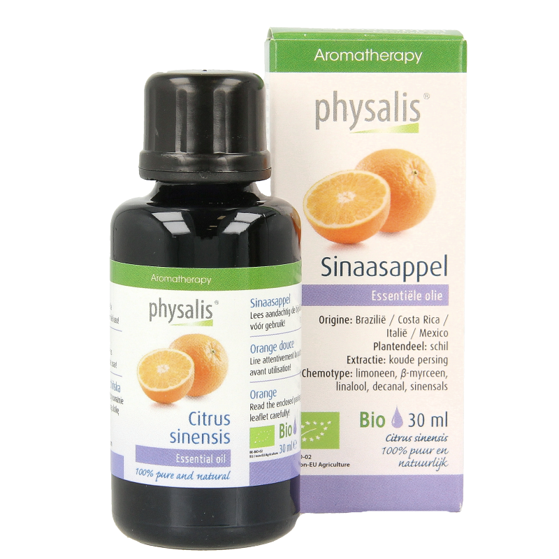 Physalis Sinaasappel bio herbal supplement in a 30ml bottle, featuring orange-flavored Physalis kruidenpreparaat.