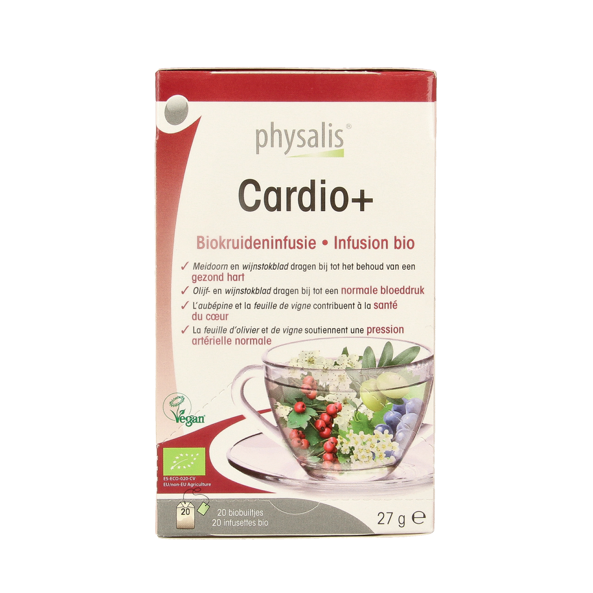 Physalis Cardio + infusie bio coffee and tea set, 20 pieces, with fresh herbs and natural ingredients in clear packaging.